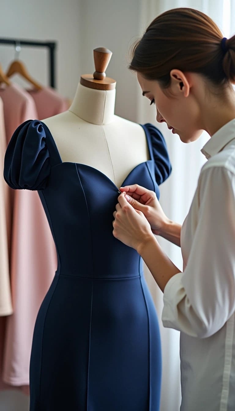 A woman adjusts a dark blue dress on a mannequin, focusing on the front detail. A blush pink garment hangs in the background.