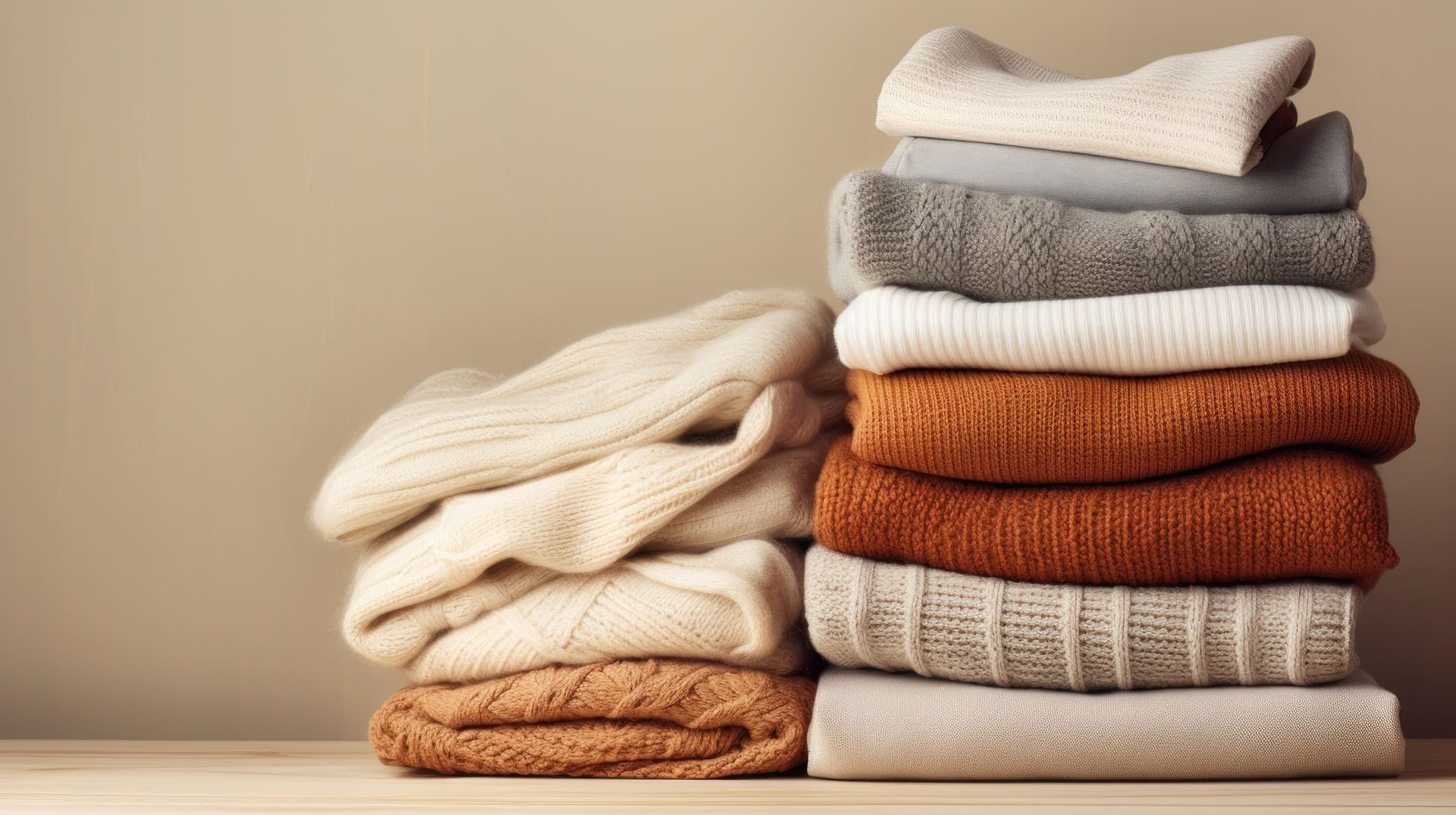 Two stacks of folded sweaters in neutral and earthy tones are placed on a wooden surface against a plain beige background.