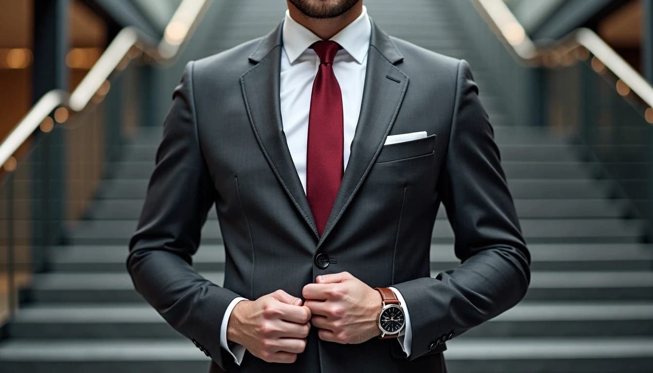 A man in a dark suit with a red tie stands in front of a staircase, adjusting his jacket with both hands.