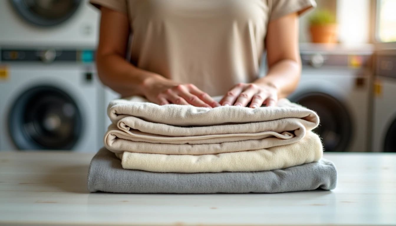 Person standing behind a neatly folded stack of laundry on a table, with washing machines in the background in a laundromat setting.