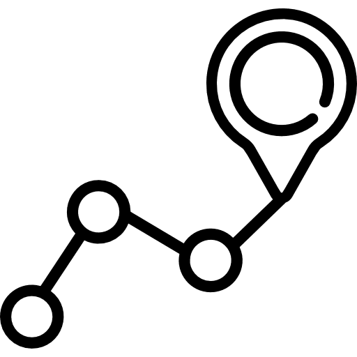 A simple black and white icon showing a path with three connected circles leading to a location pin.