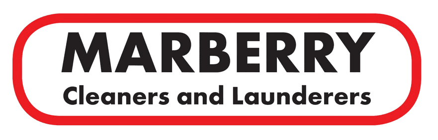 Logo for Marberry Cleaners and Launderers with bold black text inside a rounded red rectangular border on a transparent background.