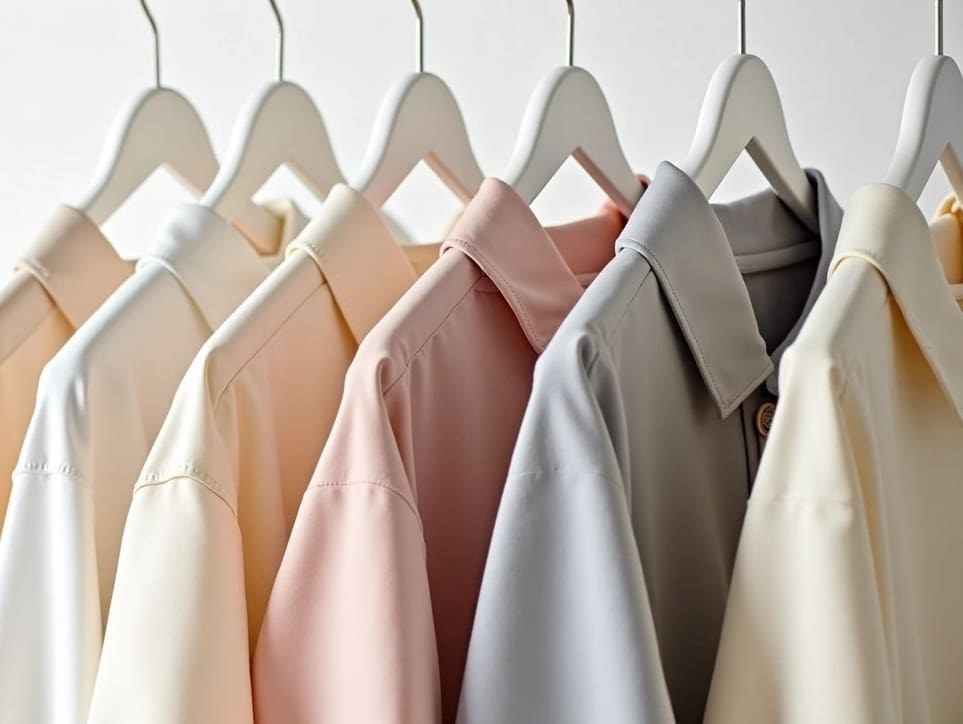 Six collared shirts in pastel shades—cream, beige, pink, and gray—are hanging neatly on white hangers against a light background.