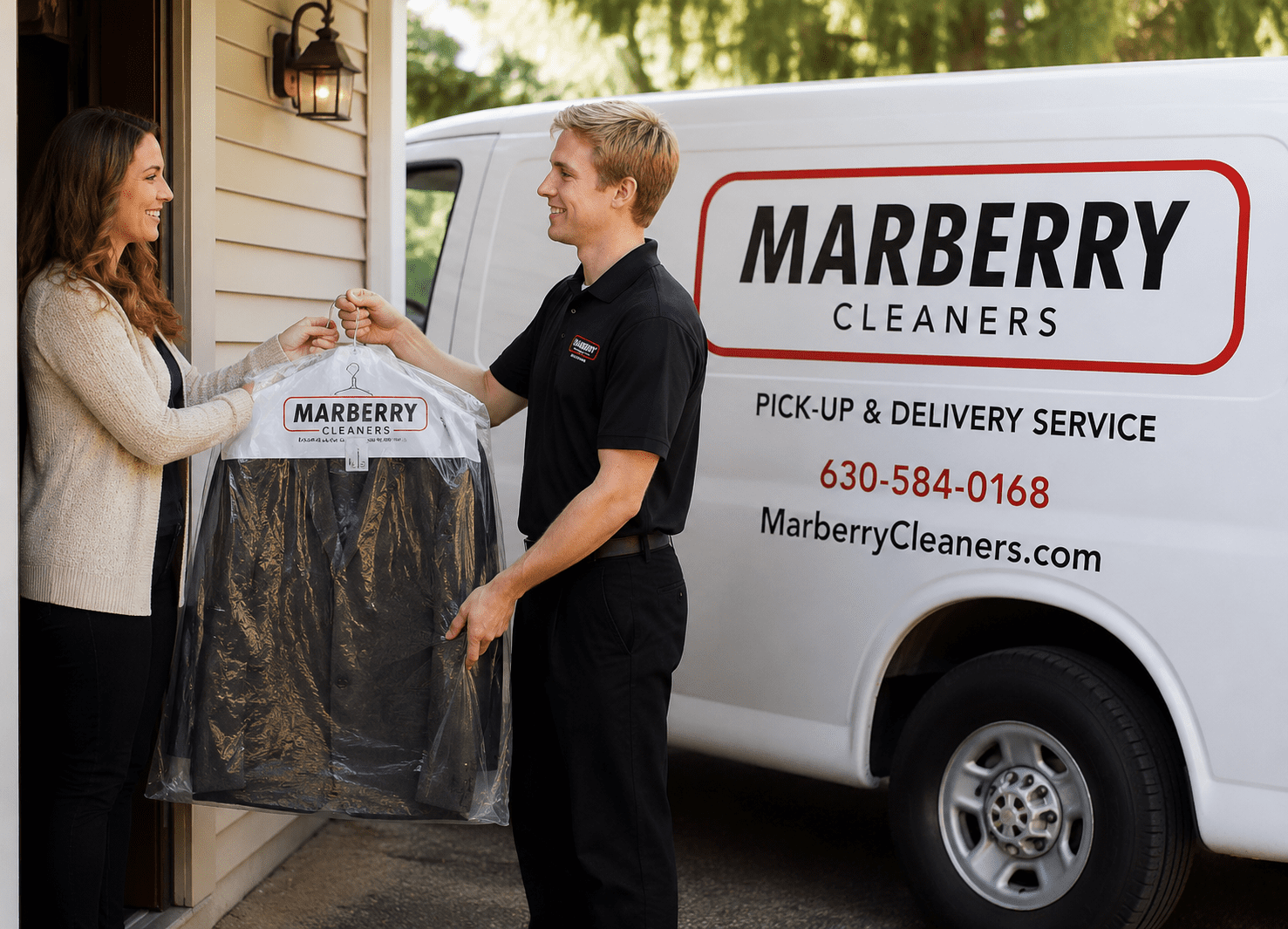 A delivery person hands a garment bag labeled "Marberry Cleaners" to a woman outside her house, next to a Marberry Cleaners van advertising pick-up and delivery service.